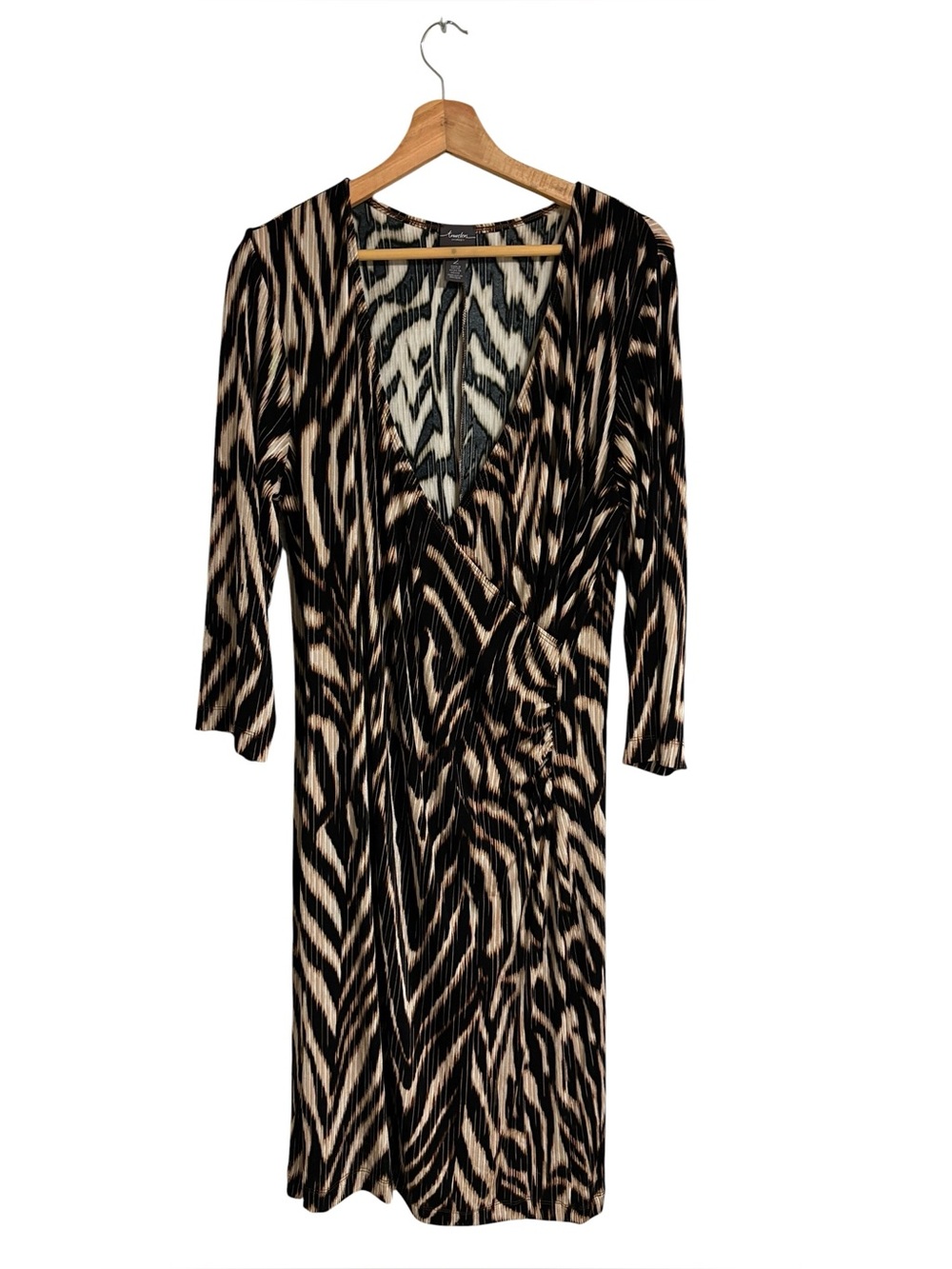 Travelers by Chico’s faux wrap brown zebra animal print stretch knit dress L